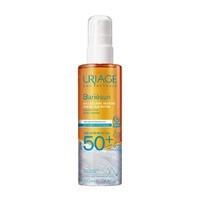 Clear spray bottle with an orange and blue label, featuring "Uriage" and "Bariesun" branding, indicating SPF 50+ protection, with a pump spray top and 200 ml capacity.