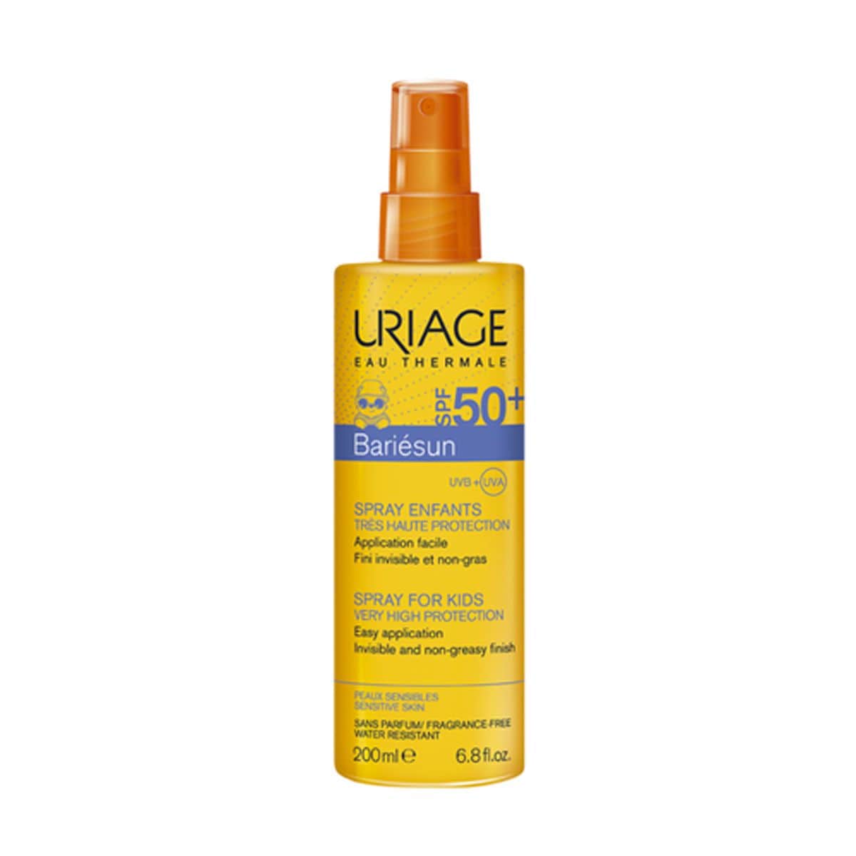 Yellow spray bottle with a pump top, labeled "Uriage Bariésun SPF50+ Moisturizing Spray for Children," featuring a blue sun icon and 200 ml capacity, designed for easy application.