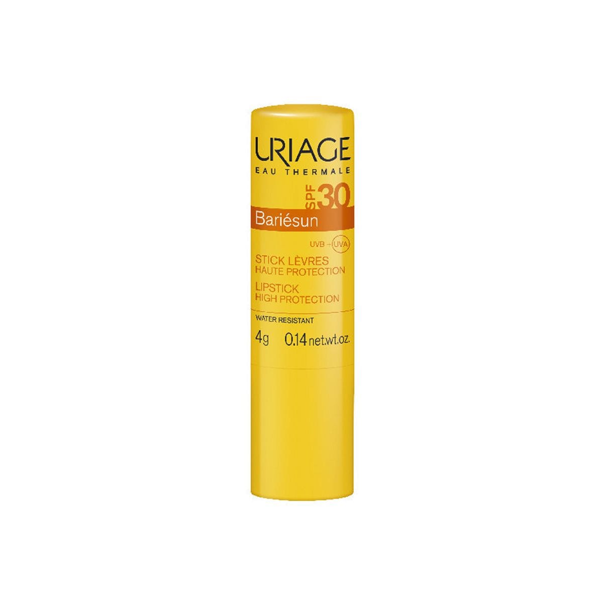 Bright yellow cylindrical lipstick tube labeled "Uriage Bariésun Moisturizing Lipstick SPF 30" with a white cap, featuring a 4.0 g weight and water-resistant indication.