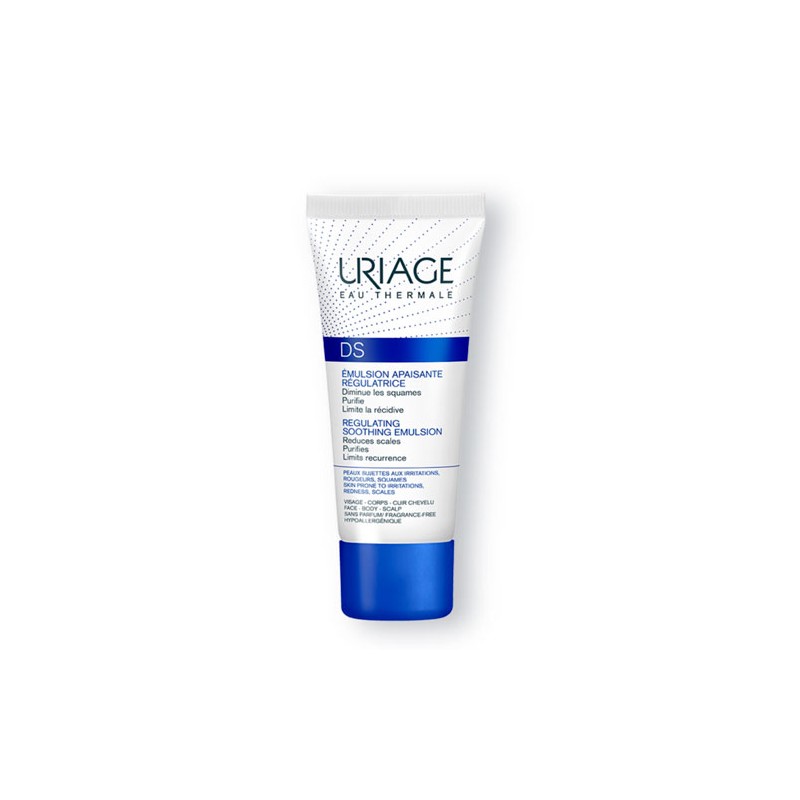 Uriage DS Purifying Emulsion in a 40 ml white tube with a blue cap, featuring blue and white text highlighting its soothing and purifying properties for face and body.