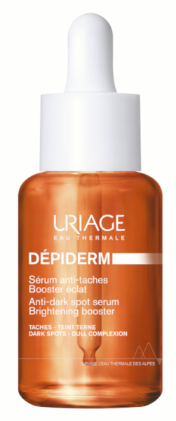 Clear glass bottle with an orange serum, featuring a white dropper cap; labeled "Uriage Dépiderm" with text highlighting anti-dark spot and brightening effects.