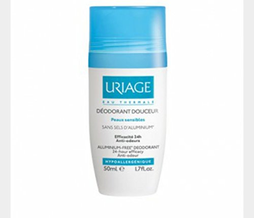 Uriage Delicate Roll-on Deodorant in a 50 ml bottle, featuring a blue and white design, with a smooth plastic finish and a roll-on applicator for easy use.