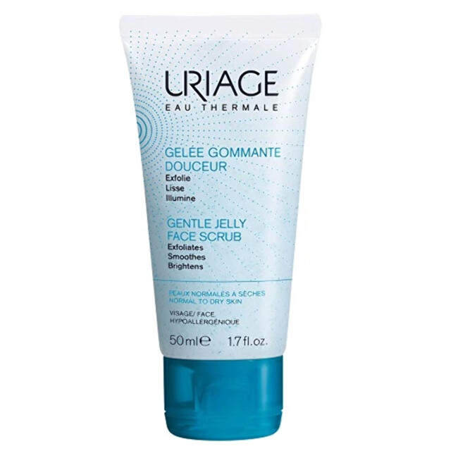 Uriage Gentle Jelly Face Scrub in a 50 ml squeeze tube, featuring a light blue and white design, with text highlighting its exfoliating and smoothing properties for normal to dry skin.