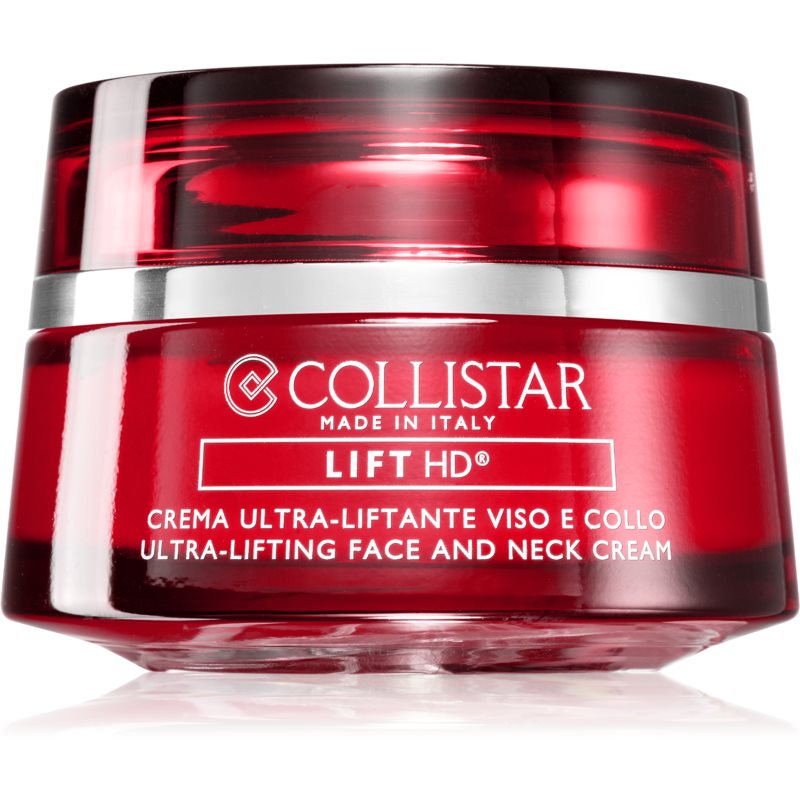 Red glass jar with a silver band, labeled "Collistar Lift HD Ultra-Lifting Face and Neck Cream," featuring a sleek, modern design and a 50 ml capacity.