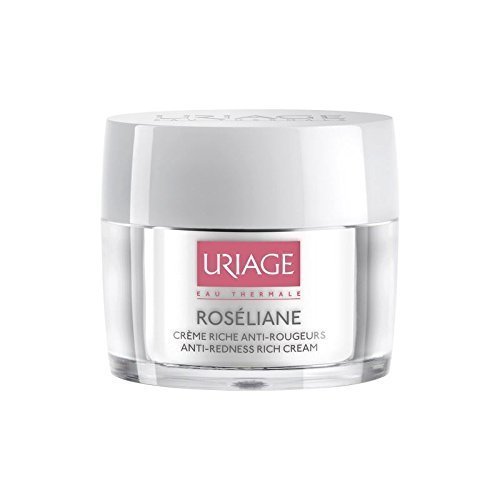 White jar with a clear base, featuring a pink and white label that reads "Uriage Roseliane Anti Redness Rich Cream," topped with a smooth white lid.