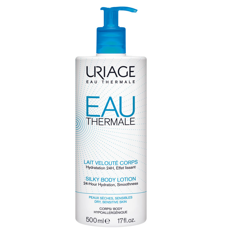 Uriage Eau Thermale Silky Body Lotion in a 500 ml white bottle with a blue pump top, featuring a sleek design and blue accents, designed for dry, sensitive skin.