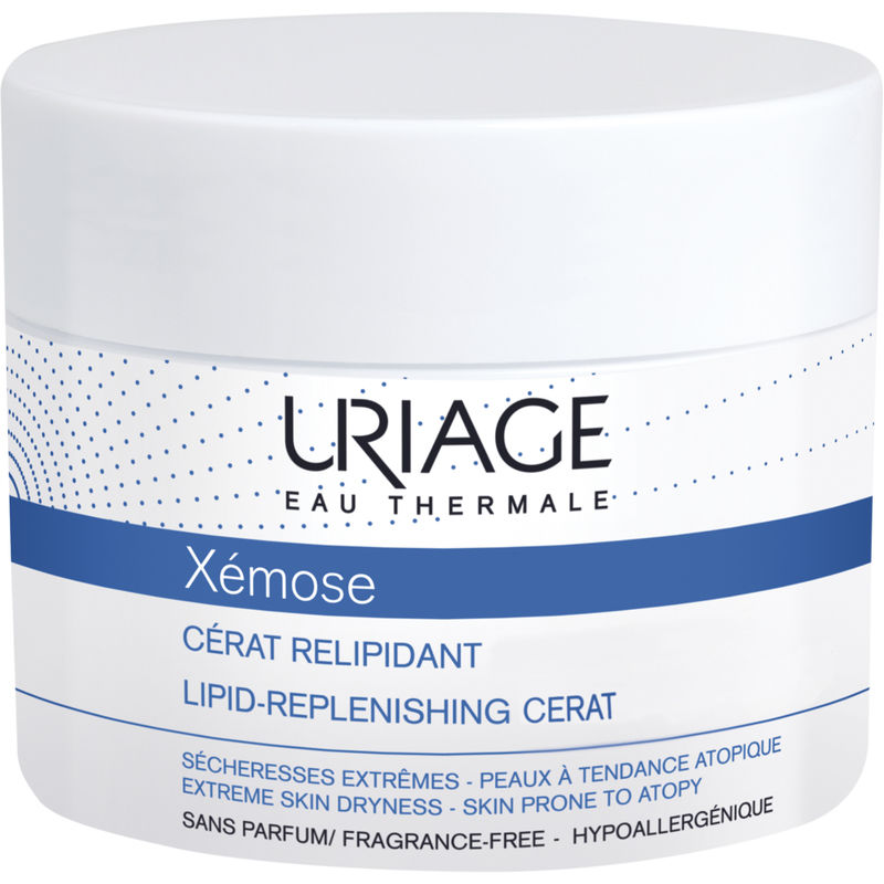 White jar with a blue label, featuring "Uriage Xémose Lipid-Replenishing Anti-Irritation Cerat 200ml" in bold text, designed for extreme skin dryness and hypoallergenic use.