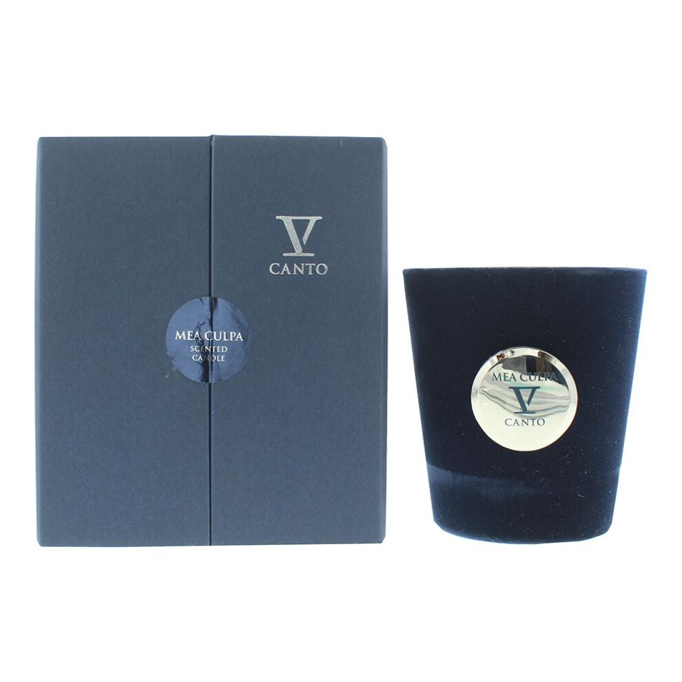 A sleek black flocked glass candle with a gold emblem, presented in a matching dark blue box featuring the V Canto logo and "Mea Culpa" label.