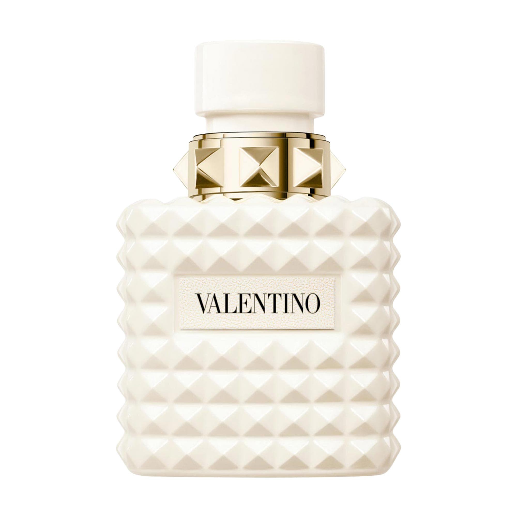 White, quilted glass bottle with a gold studded cap, featuring a rectangular label that reads "VALENTINO" for the Born in Roma Donna Eau De Parfum 50ml Spray.