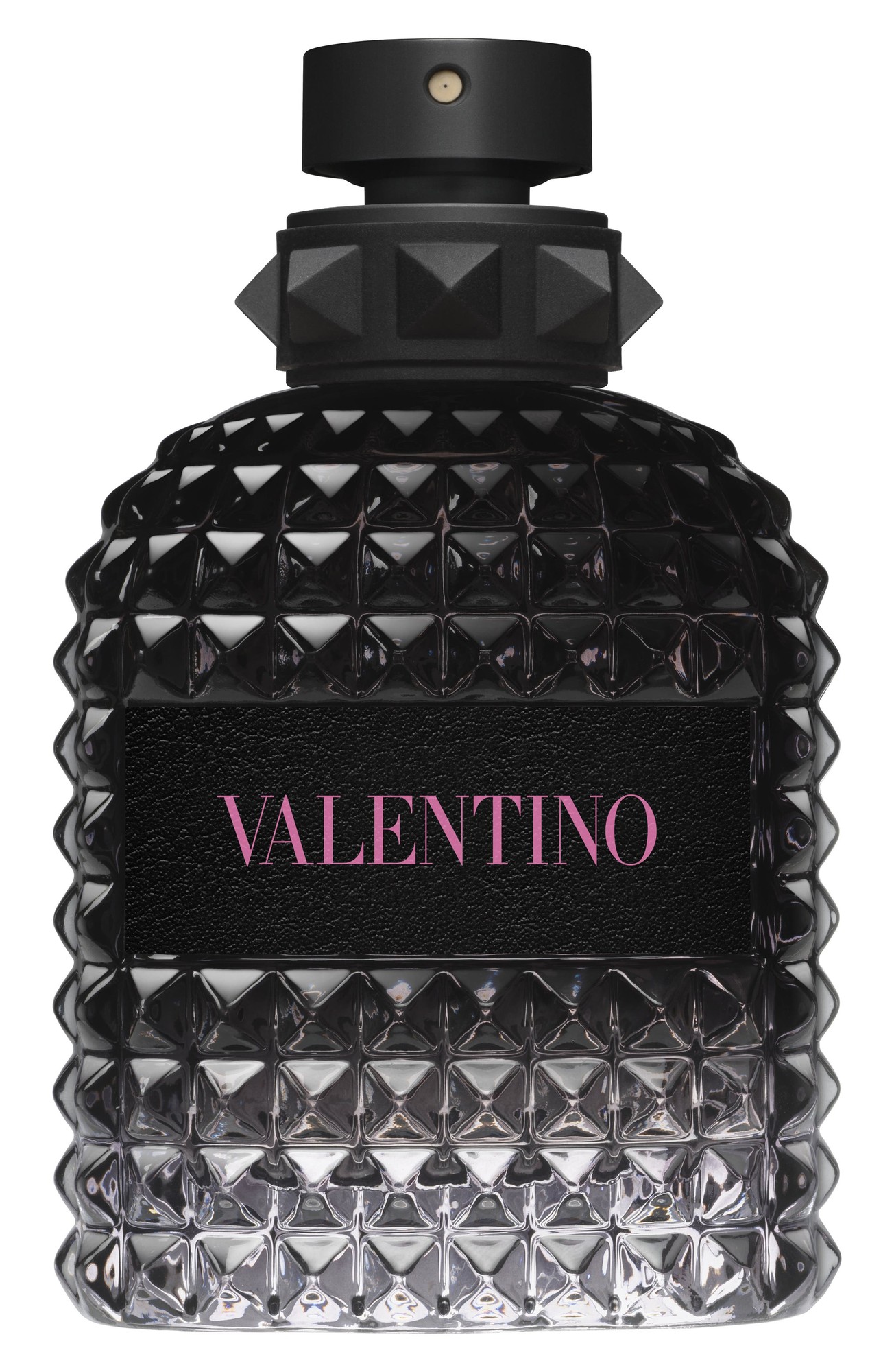 Black glass bottle with a quilted design, featuring a matte black cap and a prominent pink label displaying "VALENTINO," containing 150ml of Born in Roma Uomo Eau De Toilette.