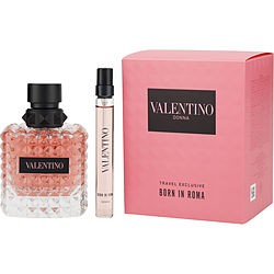 Valentino Donna Born in Roma set includes a 3.3 oz crystal-like bottle with a black cap and a 0.33 oz travel spray, both in a pink box featuring the brand name prominently.