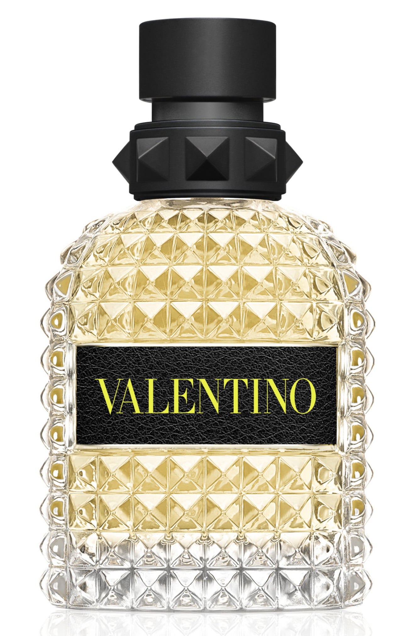 Clear glass bottle with a textured diamond pattern, featuring a black cap and a black label with "VALENTINO" in bold yellow letters, containing yellow fragrance.