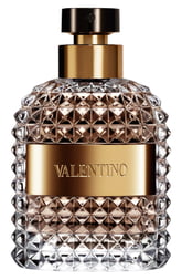 Clear glass bottle with a textured diamond pattern, featuring a gold label that reads "VALENTINO" and a sleek gold cap, containing 5.07 oz of Valentino Uomo EDT for men.