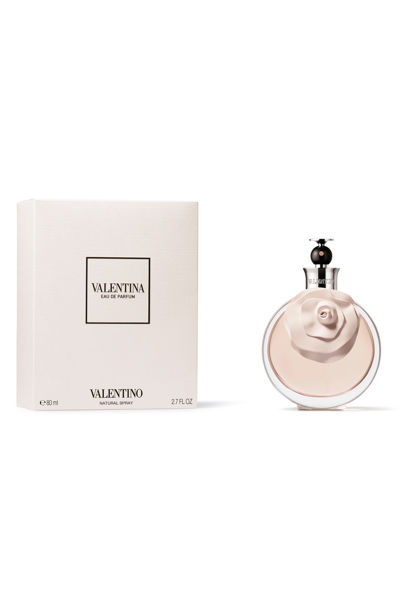 Elegant pale pink bottle adorned with a rose design, accompanied by a white box featuring the brand name "Valentina" in black, showcasing a luxurious Eau De Parfum spray.