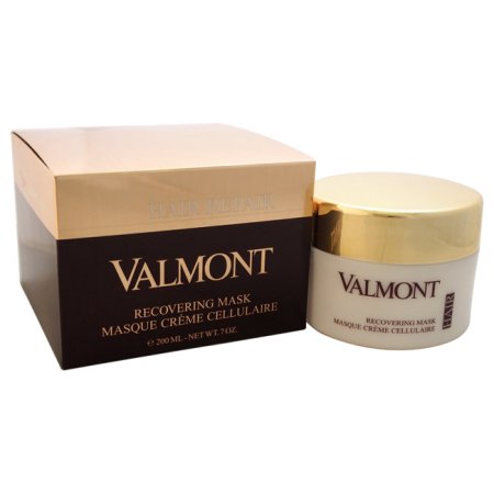 Valmont Hair Repair Recovering Mask in a clear jar with a gold lid, packaged in a matching gold and brown box, labeled with elegant white and gold text.
