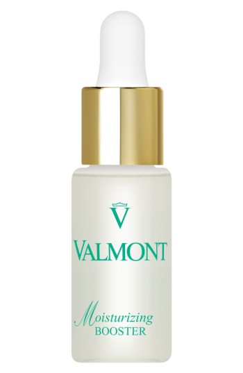Clear glass bottle with a white and gold dropper cap, labeled "Valmont Moisturizing Booster" in green text, containing a hydrating gel.