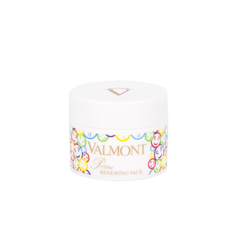 White jar with a colorful, playful design featuring various smiley faces, labeled "Valmont Prime Renewing Pack," containing 10ml of skincare product.