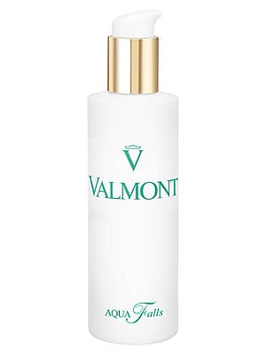 White bottle with a gold pump top, featuring the Valmont logo in green and the product name "Aqua Falls" in a sleek design, 150ml size for women.