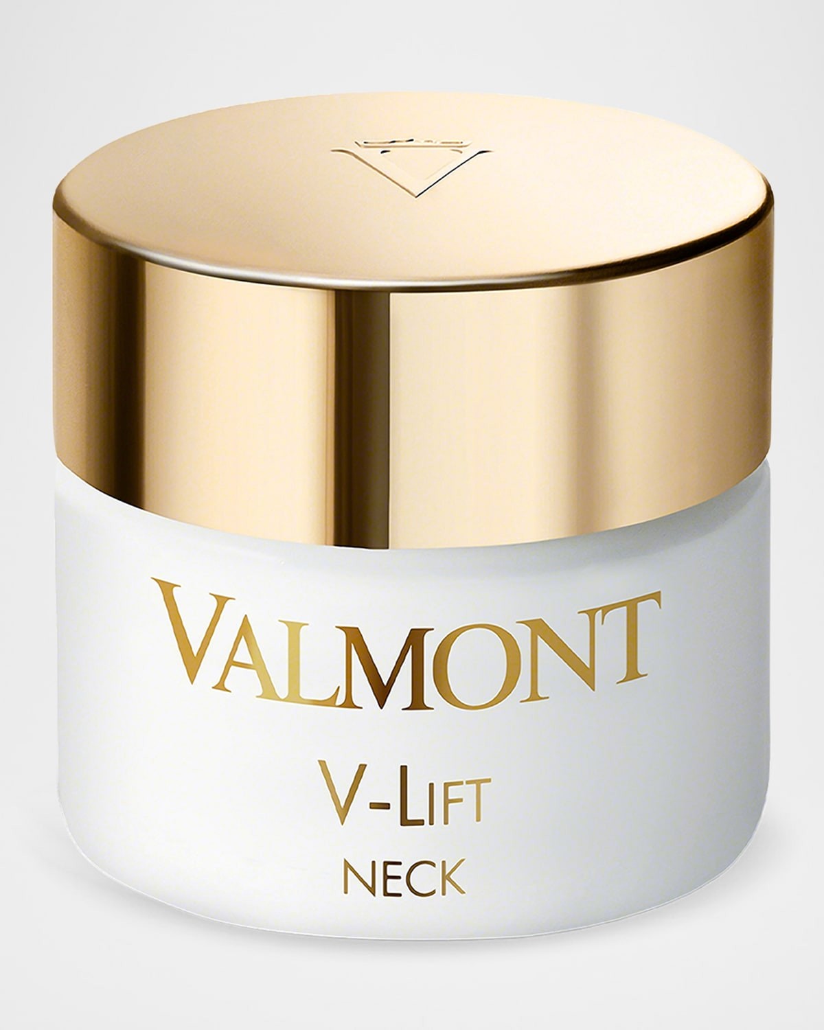 White jar with a gold lid, featuring the brand name "Valmont" and "V-Lift Neck" in elegant gold lettering. The jar is 50ml in size.