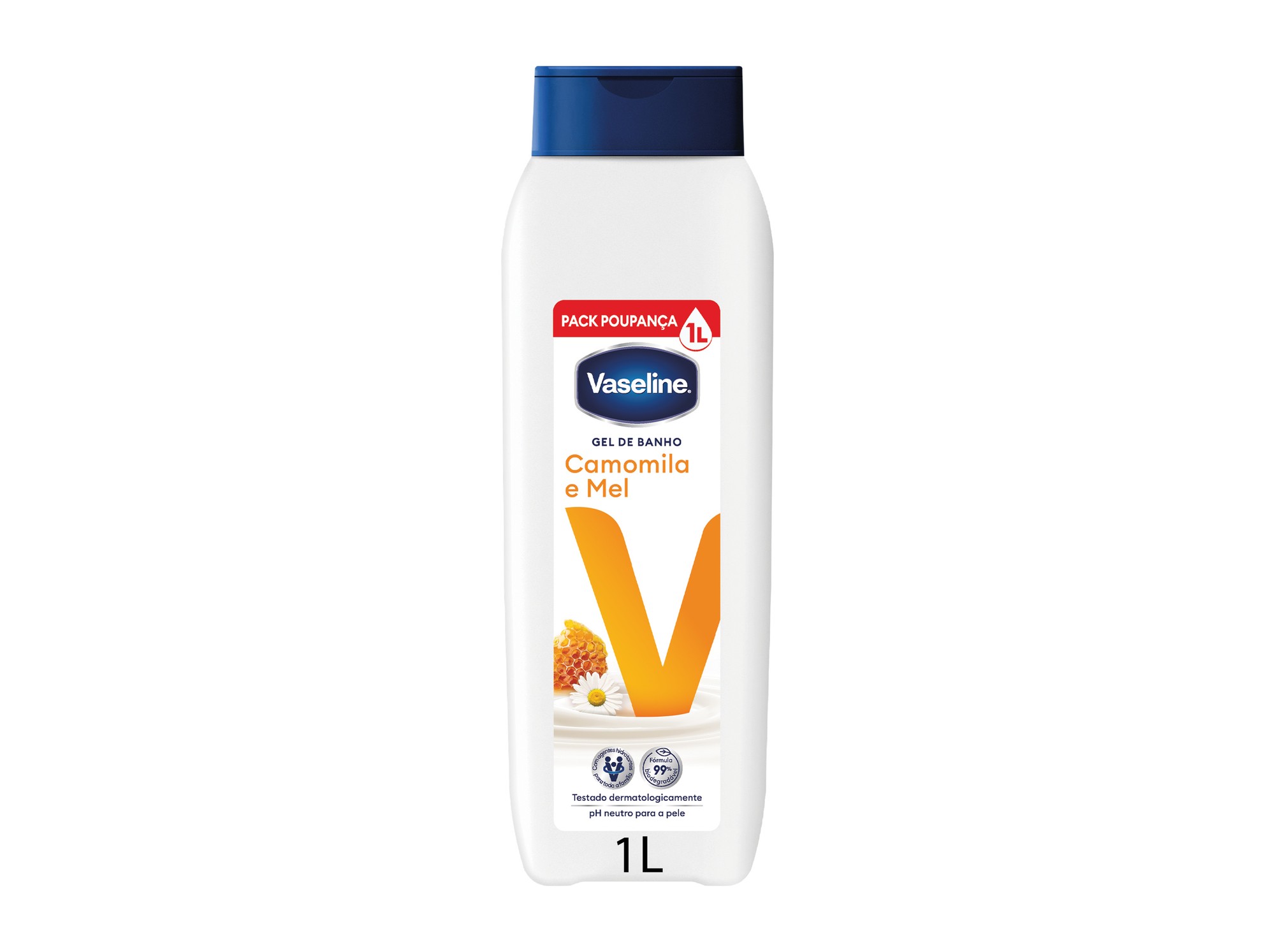 White bottle of Vaseline Gel Banho with a blue cap, featuring a label that highlights chamomile and honey, and a 1000ml capacity.