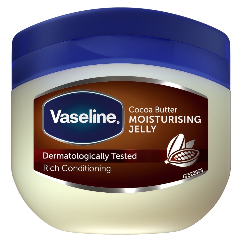 Vaseline Cocoa Butter Moisturising Jelly 100ml jar with a blue lid, featuring a brown label that highlights "Dermatologically Tested" and "Rich Conditioning."