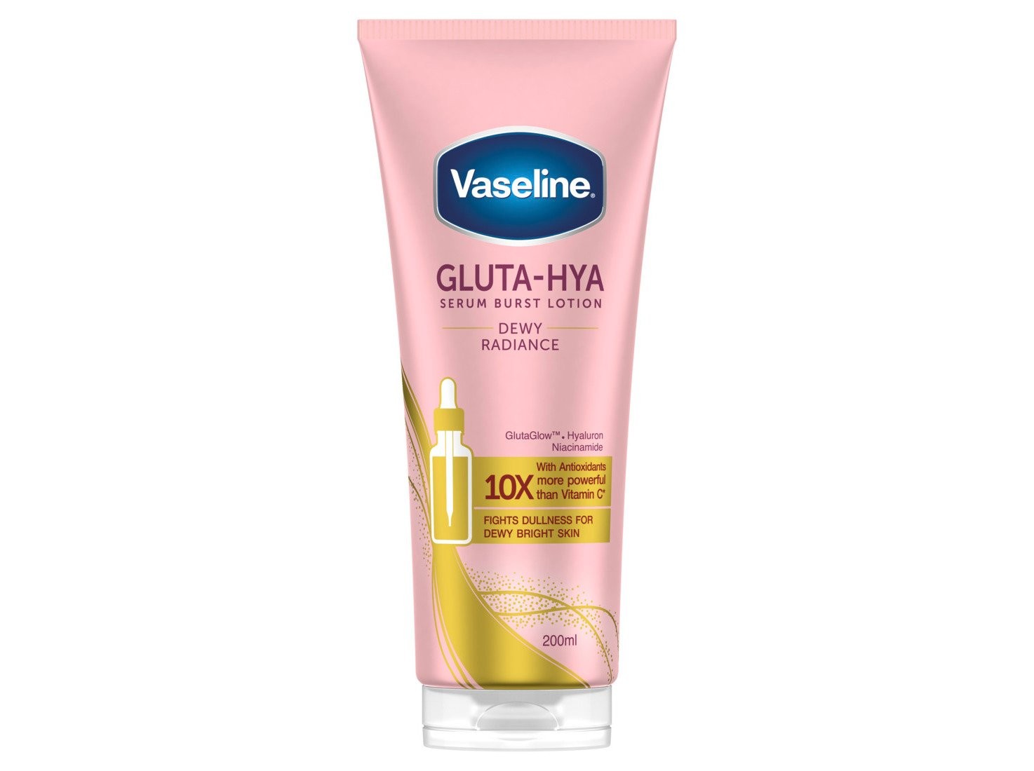 Vaseline Gluta-Hya Dewy Radiance Body Serum in a pink tube, featuring a gold accent and a dropper graphic, claims to enhance skin brightness and hydration, with 200 ml capacity.