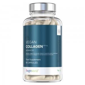 Clear plastic bottle filled with beige capsules, labeled "Vegan Collagen" in white and blue text, featuring a white cap and a logo, indicating a 2-month supply of 60 capsules.