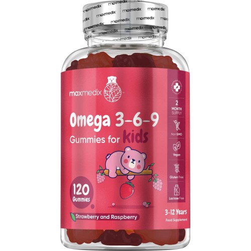 Vibrant pink bottle of Maxmedix Omega 3 6 9 Gummies for Kids, featuring a cute bear, containing 120 vegan gummies in strawberry and raspberry flavors, suitable for ages 3-12.