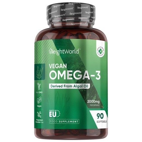 Vegan Omega-3 supplement bottle with a dark brown plastic container, green label, and silver cap, featuring "90 Softgels" and "Derived From Algal Oil" prominently displayed.