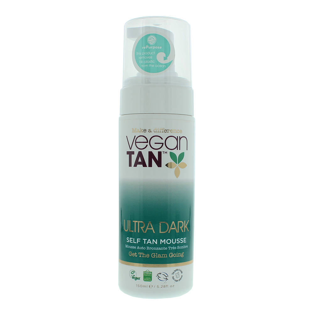 Vegan Tan Ultra Dark Self Tan Mousse in a 150ml bottle, featuring a gradient design from white to teal, with a pump dispenser and green text highlighting its ultra dark formula.