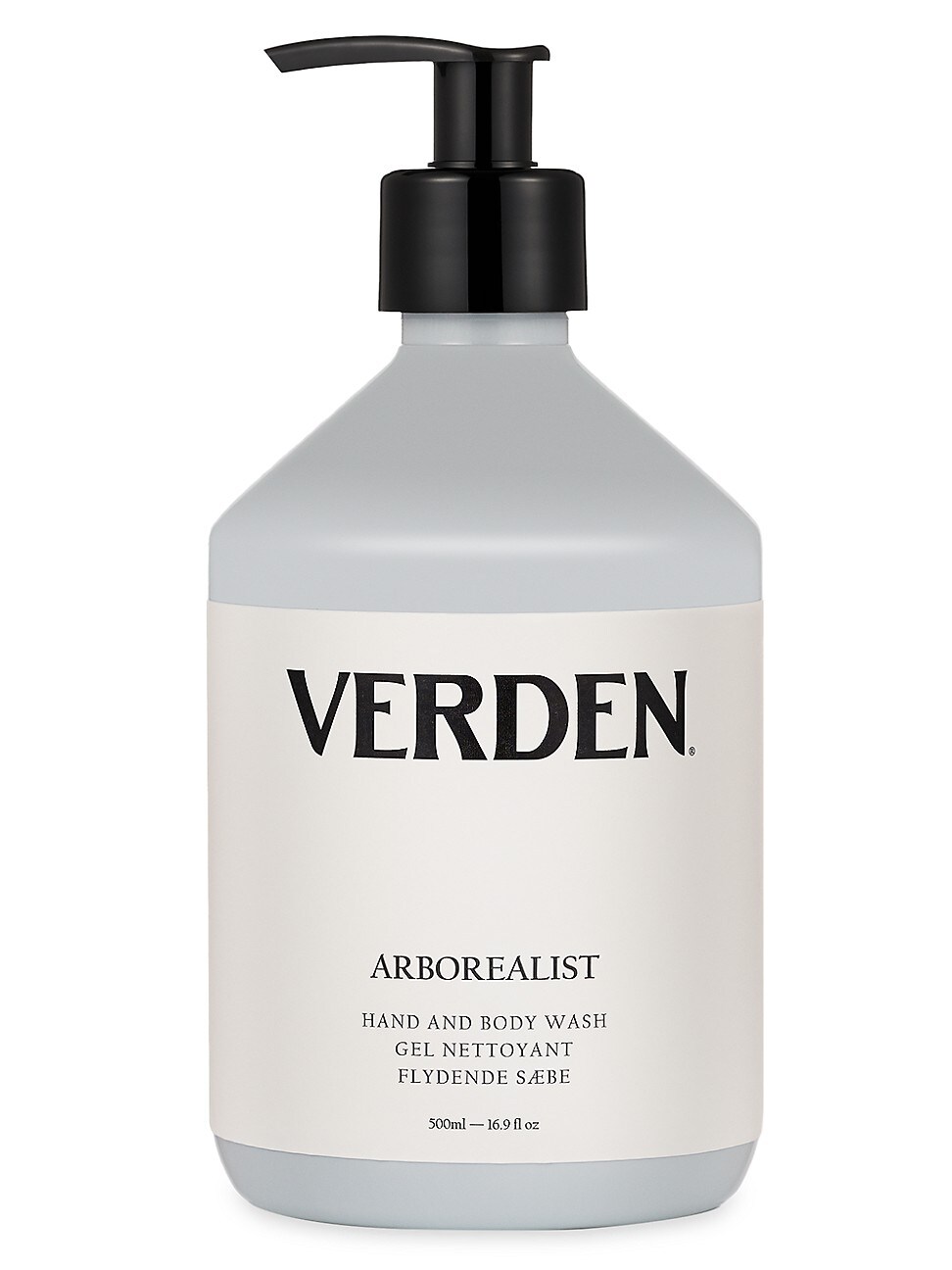 A sleek, gray 500ml bottle of Verden Arborealist Hand and Body Wash featuring a black pump top and a minimalist white label with bold black text.