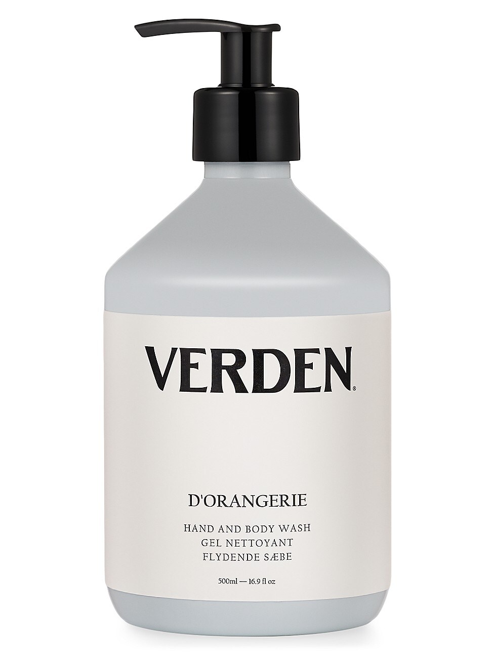 Verden D'orangerie hand and body wash in a sleek, matte grey bottle with a black pump, featuring a minimalist label and a citrus and orange blossom scent, 500ml size.