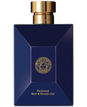 Deep blue rectangular bottle with a gold cap, featuring a prominent gold Versace logo and the text "Perfumed Bath & Shower Gel" in elegant font.