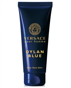Dark blue tube of Versace Dylan Blue Post Shave Balm for men, featuring gold text and a medallion logo, 100ml size, with a sleek, modern design.