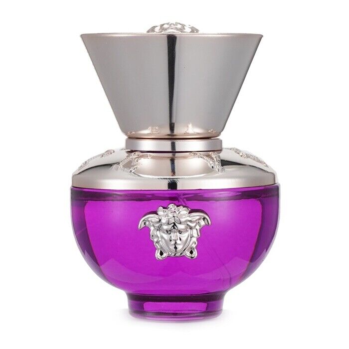Purple glass perfume bottle with a silver cap, featuring a decorative silver Medusa emblem on the front, elegantly shaped with a rounded base and a tapered top.