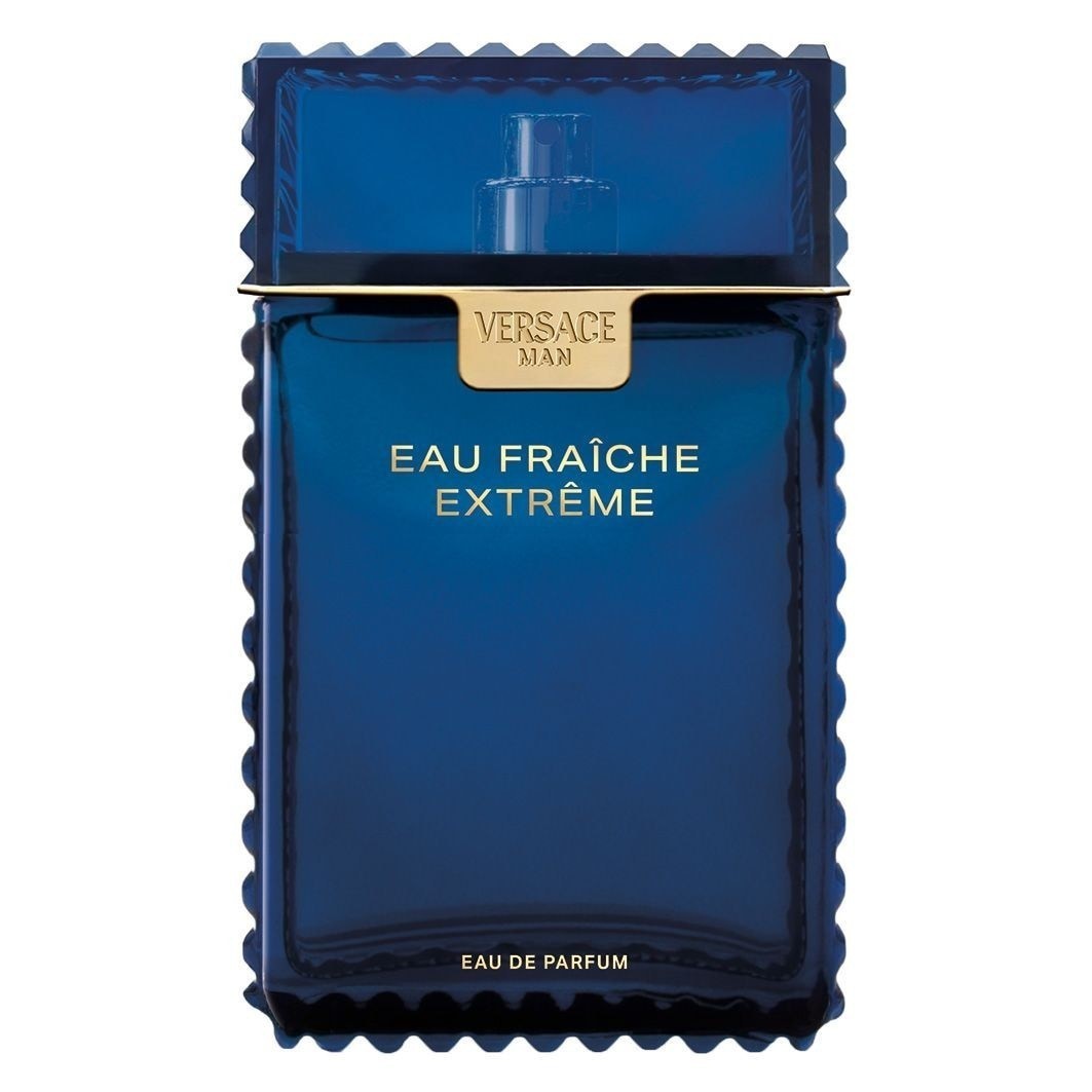 Versace Eau Fraîche Extreme Pour Homme features a sleek blue glass bottle with a textured edge, gold accents, and bold white lettering on the front, containing 200ml of eau de parfum.