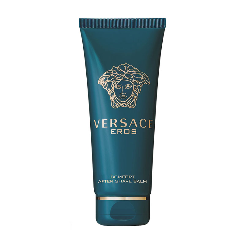 Teal tube of Versace Eros Aftershave Balm with gold detailing, featuring the Medusa logo and "VERSACE EROS" text, designed for comfort, 100ml size.