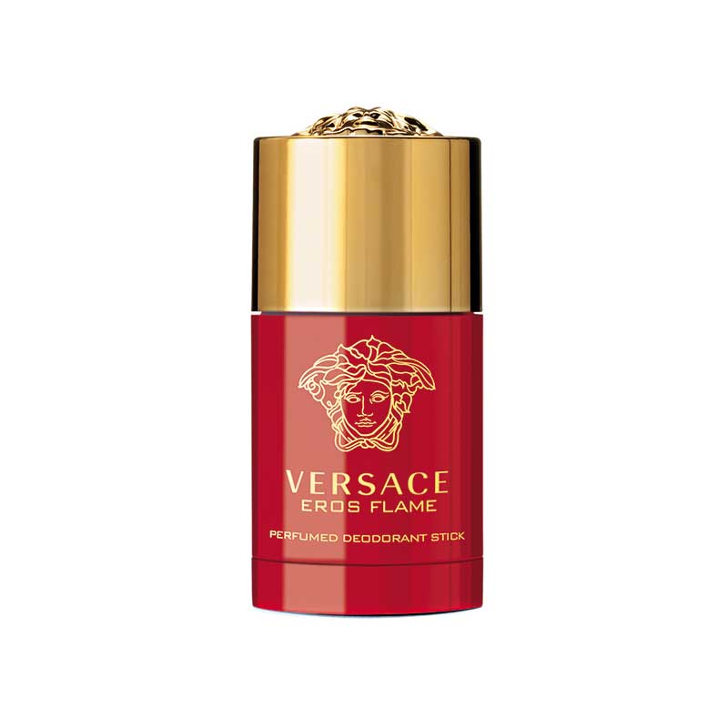 Red deodorant stick with gold accents, featuring the Versace logo and a Medusa head design, packaged in a sleek box, labeled "Eros Flame" for men, 75 ml.
