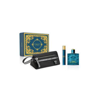 Versace Eros gift set featuring a 100ml blue EDP bottle, a 10ml EDP spray, and a black toiletry bag with a signature Greek key design, all presented in an ornate blue and gold box.