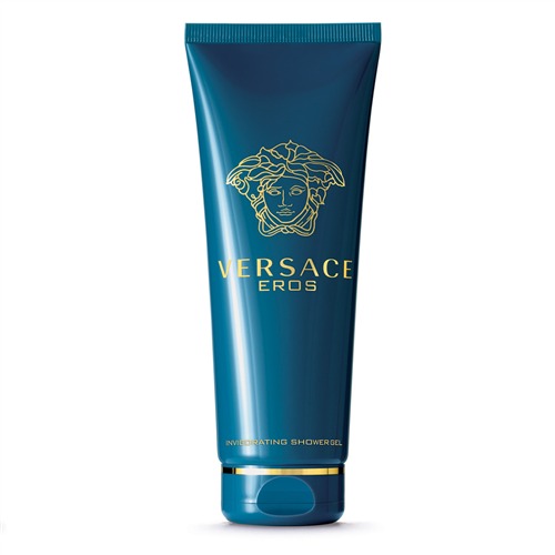 Turquoise tube of Versace Eros shower gel, 250ml, featuring a gold Medusa logo and elegant typography, designed for invigorating cleansing.