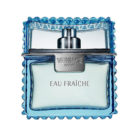 Clear glass bottle with a textured blue cap, featuring a silver label that reads "VERSACE MAN" and "EAU FRAÎCHE," containing 3.4 oz of Eau de Toilette.