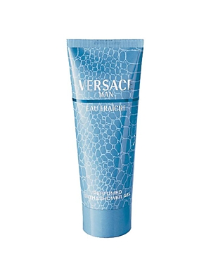 Light blue tube of Versace Man Eau Fraiche shower gel, featuring a textured pattern and white lettering, 6.7 oz size, designed for men.