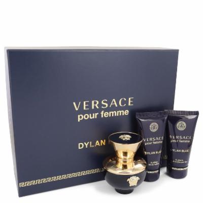 Versace Dylan Blue for Women set includes a 50 ml EDP bottle with a gold accent, accompanied by 50 ml body lotion and shower gel, all presented in a navy blue box with gold lettering.