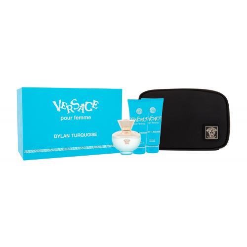 Versace Dylan Turquoise gift set featuring a turquoise EDT bottle, matching perfumed body gel and shower gel, all in a sleek black cosmetic bag.