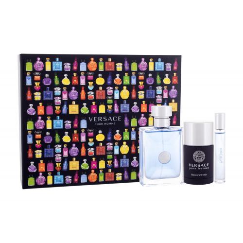 Versace Pour Homme gift set featuring a 100ml light blue EDT bottle, a 75ml black deodorant stick, and a 10ml EDT in a colorful, patterned box with various perfume bottles.