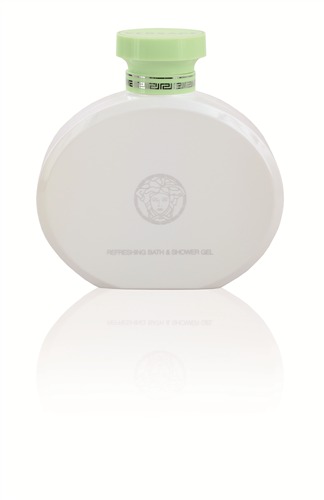 White circular bottle of Versace Versense Bath & Shower Gel, 200ml, with a mint green cap and silver detailing, featuring the Versace logo and "Refreshing Bath & Shower Gel" text.