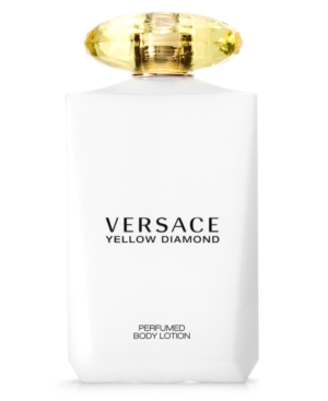 White rectangular bottle of Versace Yellow Diamond body lotion, featuring a large yellow gem-like cap and bold black text, labeled "PERFUMED BODY LOTION" in elegant font.