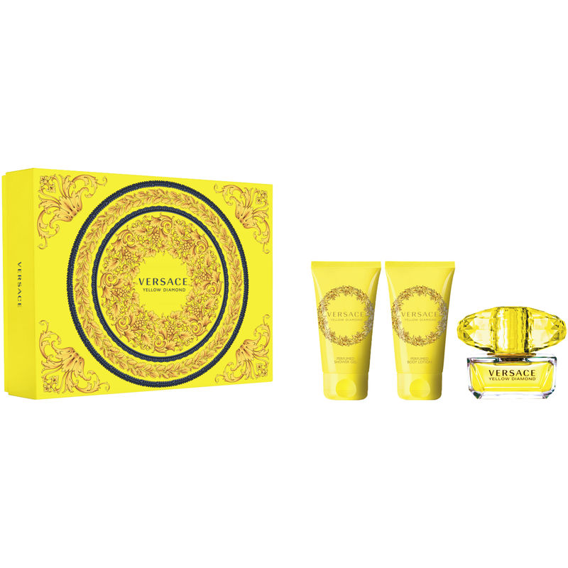 Bright yellow gift box featuring ornate gold detailing, containing a 50 ml bottle of Yellow Diamonds EDT, along with 50 ml shower gel and body lotion in matching yellow tubes.