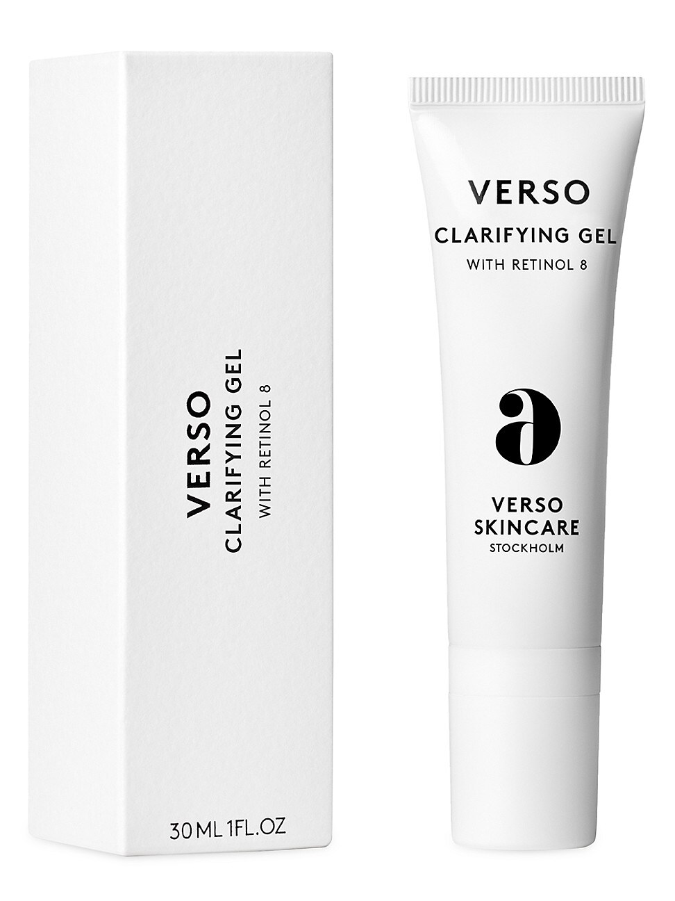 White tube of VERSO SKINCARE Clarifying Gel with black text, featuring "Retinol 8" and "30 ML" details, alongside a matching white box with a minimalist design.