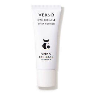 White tube with black text, labeled "VERSO Eye Cream" and "EXTRA NOURISH," featuring a minimalist design and a small logo, containing 20ml/0.67oz of product.